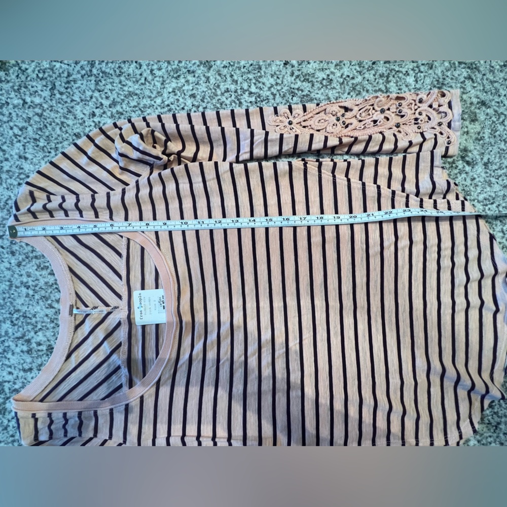 Free People 100% Cotton Pink/Purple Striped Scoop Neck Top with Lace Cuffs - Picture 7 of 10